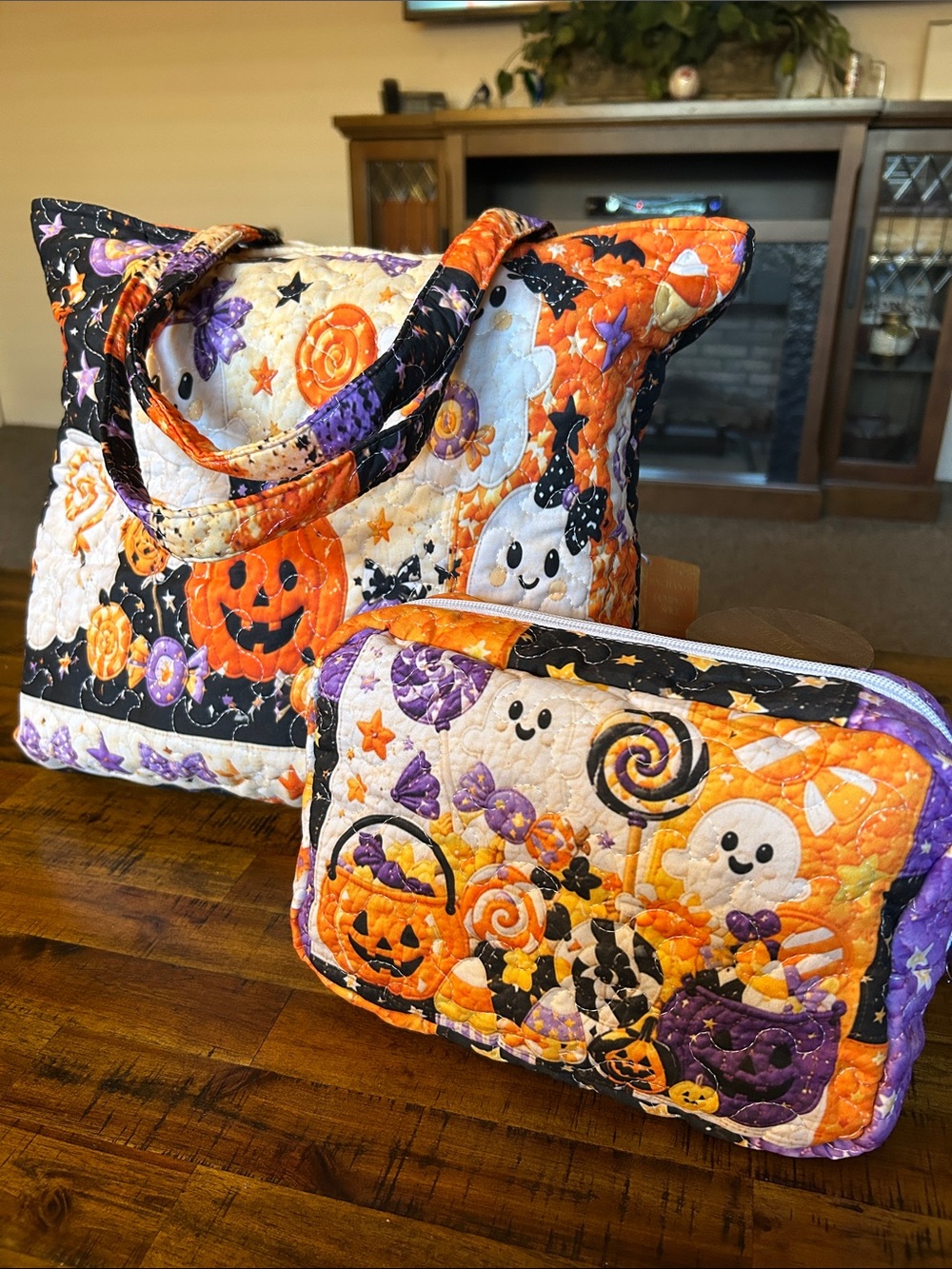 Quilted Halloween Tote & Cosmetic Bag in Halloween Colors | Orange & Purple - Picture 12 of 16